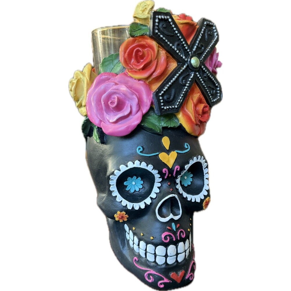 Sugar Black Skull With Crown Of Colorful Roses Handpainted Candle Holder, 8”